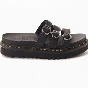 Dr. Martens Black Platform Triple-Buckle Sandal with Yellow Stitching